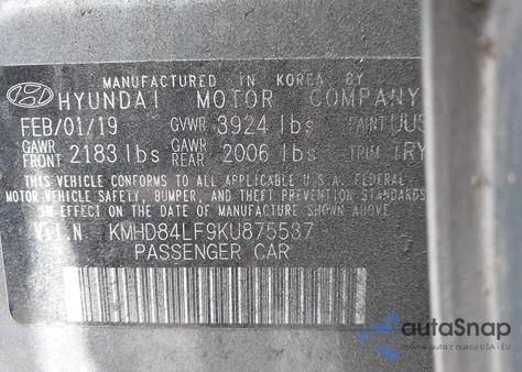 2019 Hyundai Elantra Sel z USA, uszkodzony, nr VIN KMHD84LF9KU875537